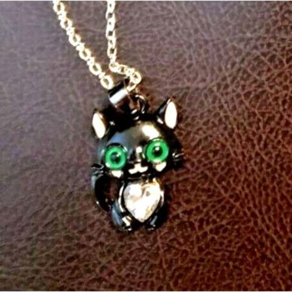 Black CAT Kitten GREEN EYES Rhinestone Heart Necklace - Picture 2 of 4